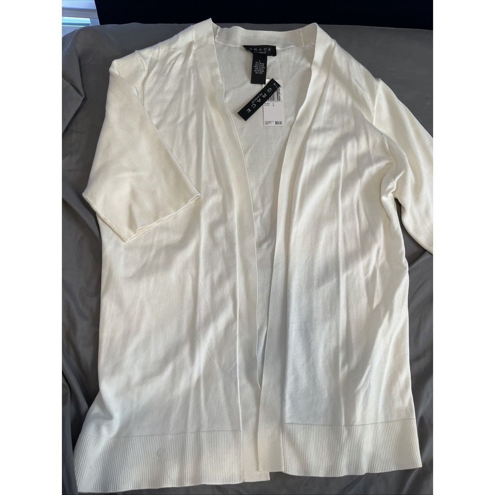NWT Grace Open Front‎ Short Sleeve Sweater White Cardigan  Size L
